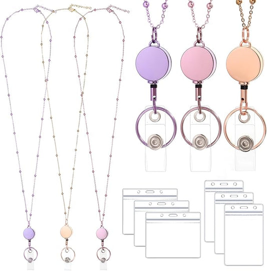 Lanyards for Id Badges 3 Pack Badge Lanyard with 6 Pcs Id Badge Holder Retractable Badge Holders Stainless Steel Teacher Lanyards for Women Cruise Ship Lanyards (Rose Gold, Pink, Purple)