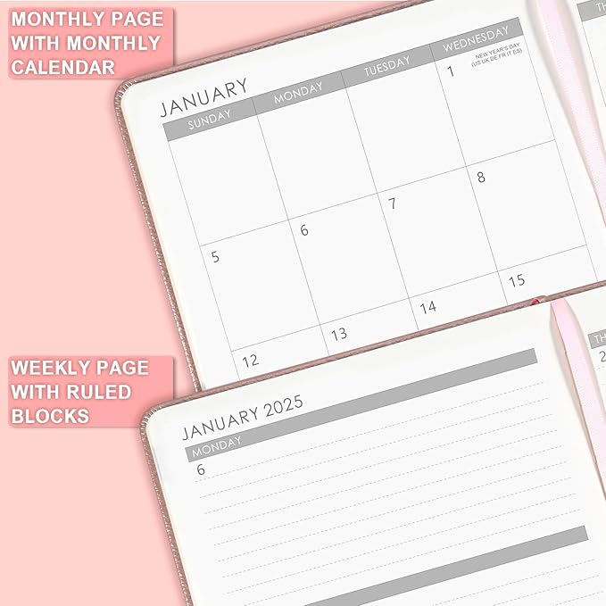 2025 Planner - 2025 Planner Weekly and Monthly, 5.75" x 8.25", Jan. 2025 - Dec. 2025, Saffiano Leather with Thick Paper, Back Pocket with 40 Notes Pages - Rose Gold