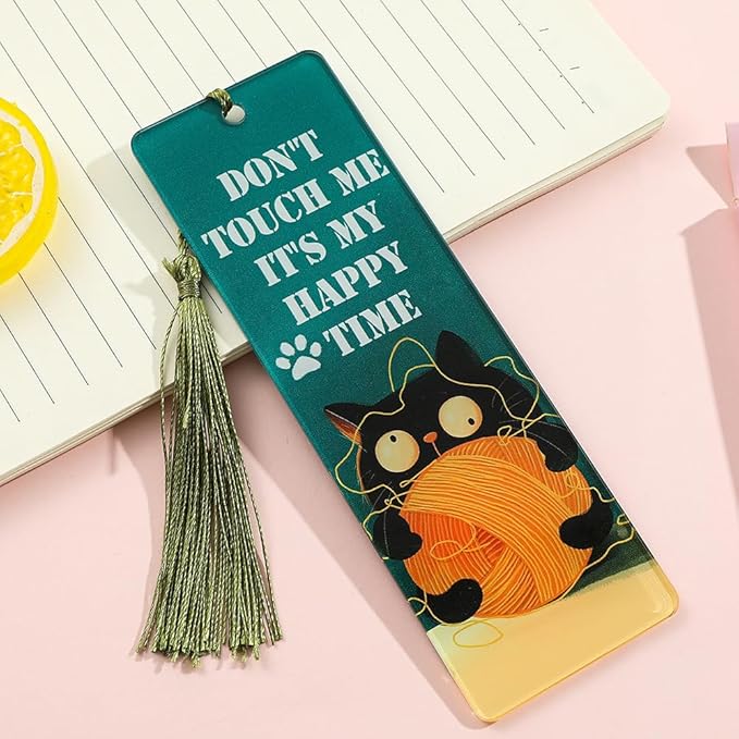 1pc Cute Pet Cat Tassel Bookmark - Acrylic Bookmarks for Book Lovers, Gifts for Teachers Students Reading Markers Ideal Gift for Back to School Season (Light Green Fringe-1)