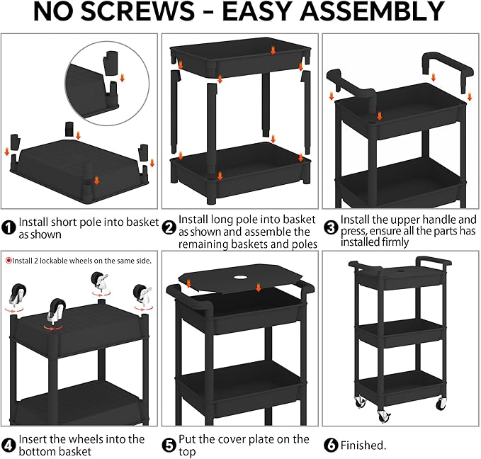 3-Tier Utility Rolling Cart with Cover Top Board, Mobile Utility Cart with Lockable Casters Multi-Functional Storage Trolley for Office, Bathroom, Kitchen, Garden, Laundry Room (Black)