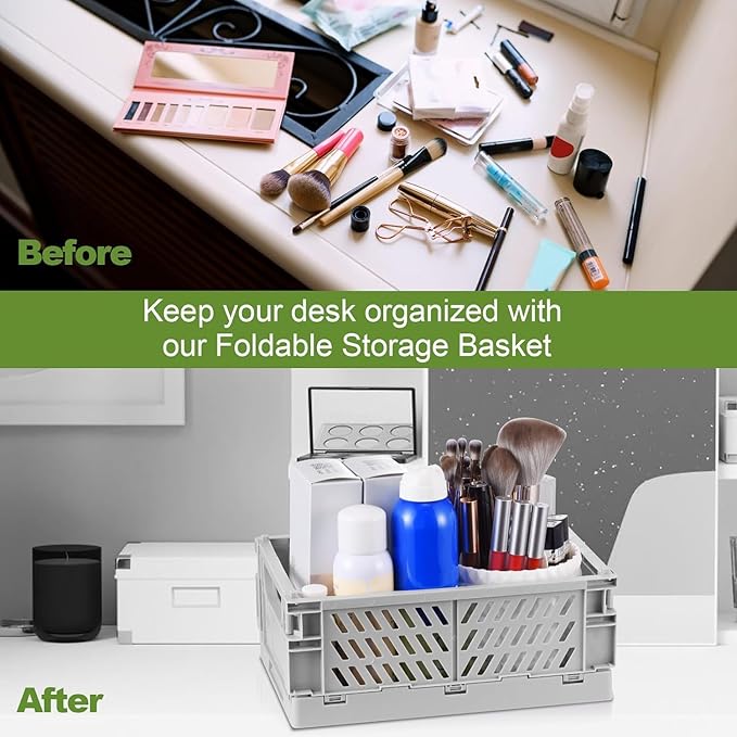 2-Pack Small Pastel Plastic Storage Baskets, Collapsible Crates for Organizing, Space-Saving Mini Bins for Classroom, Kitchen, Office, Bedroom (Grey, 9.8" x 6.5" x 3.8")