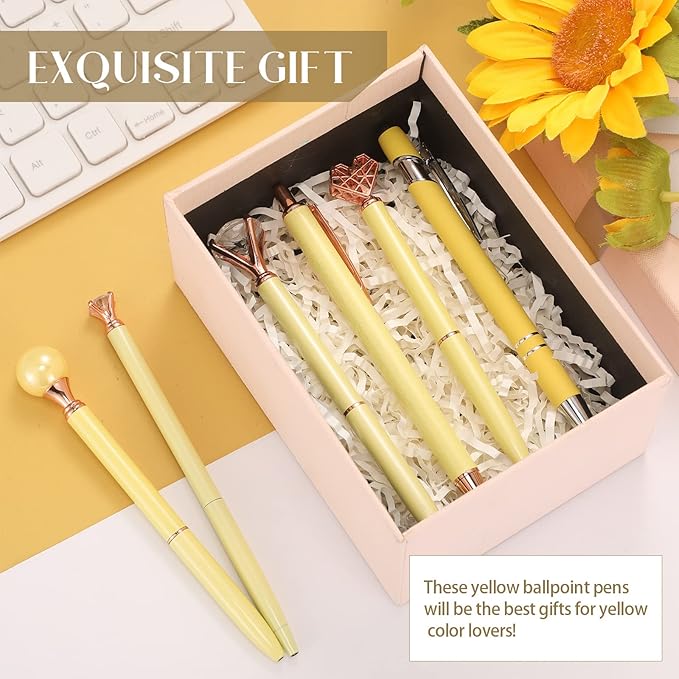 6 Pcs Ballpoint Pens Set Metal Crystal Diamond Pen for Journaling Glitter Pretty Cute Stationery Black Ink Fancy Gifts for Women Girls Teacher Office Wedding School Supplies(Yellow)