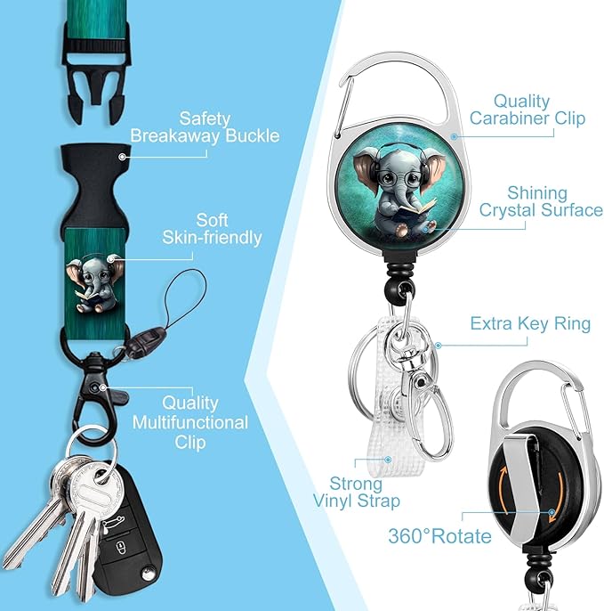 Lanyards for Id Badges, Cute Elephant Badge Holder with Retractable Heavy Duty Reel Belt Clip, Work Card Name Tag Lanyard Vertical ID Card Protector for Women Nurse Doctor Teacher Student