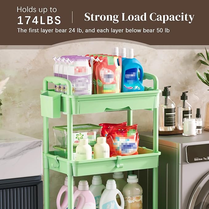 4 Tier Rolling Utility Cart with Drawer, Utility Storage Organizer with Plastic Shelf & Lockable Wheels Multifunctional Storage Cart for Kitchen, Bathroom, Office, Living Room, Green