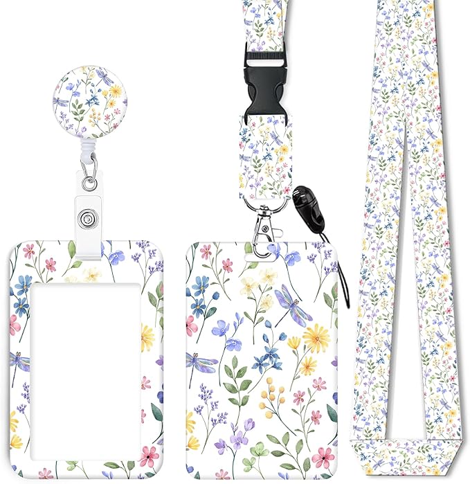 ID Badge Holder with Retractable Lanyard and Keychain, Badge Reel with Rotate Carabiner Clip,Dragonfly Meadow Card Name Tag Lanyard ID Protector Bage Clips for Student, Women, Office