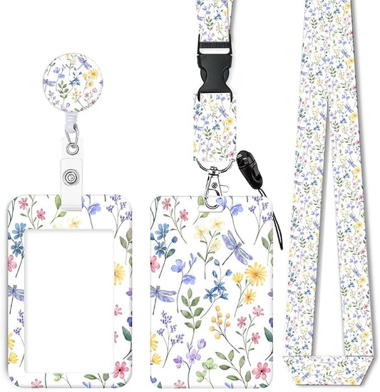 ID Badge Holder with Retractable Lanyard and Keychain, Badge Reel with Rotate Carabiner Clip,Dragonfly Meadow Card Name Tag Lanyard ID Protector Bage Clips for Student, Women, Office