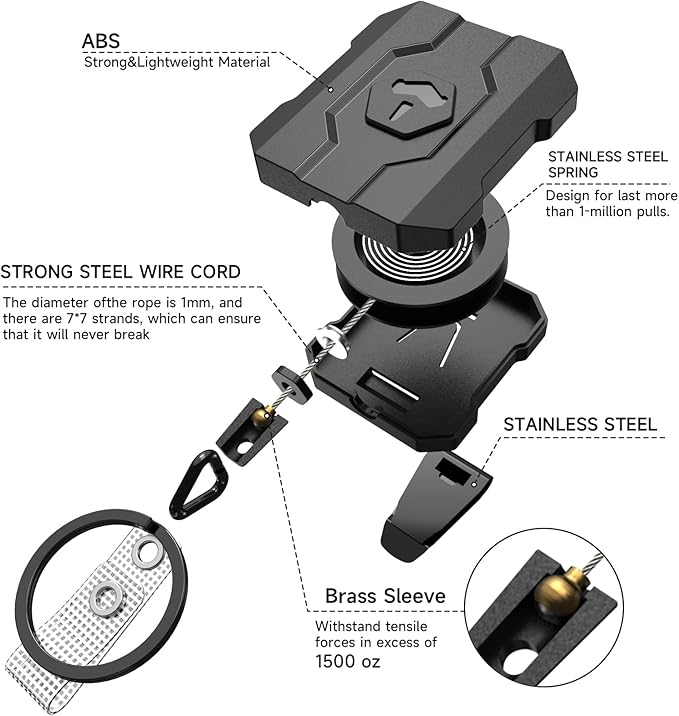 Retractable Keychain Badge Holder with Belt Clip, Heavy Duty Carabiner ID Badge Clip Reel, 32” Steel Retractable Cord, 10 oz Rebound，2 Pack Key Back