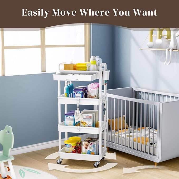 4 Tier Rolling Utility Cart with Drawer, Utility Storage Organizer with Plastic Shelf & Lockable Wheels Multifunctional Storage Cart for Kitchen, Bathroom, Office, Living Room, White