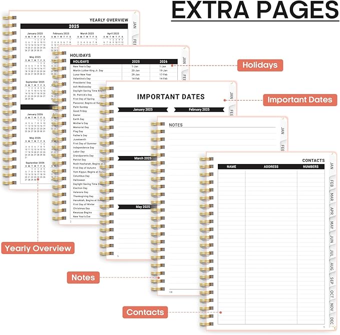 2025 Planner - Weekly and Monthly Planner Spiral Bound, January 2025 - December 2025, Hardcover 2025 Calendar Planner Book with Tabs, Inner Pocket, Perfect for Office Home School Supplies - A5 (6.3" x 8.5"), Pink