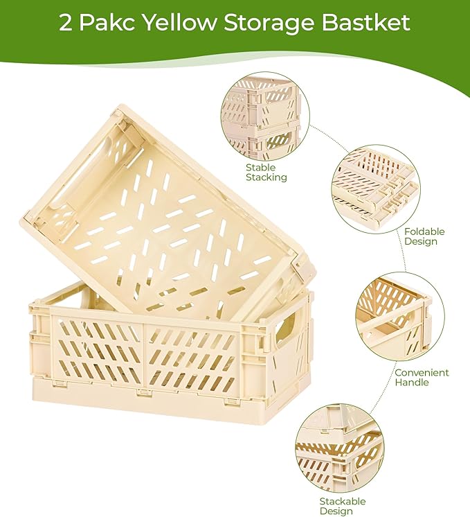 4-Pack Small Pastel Plastic Storage Baskets, Collapsible Crates for Organizing, Space-Saving Mini Bins for Classroom, Kitchen, Office, Bedroom (Yellow, 9.8" x 6.5" x 3.8")