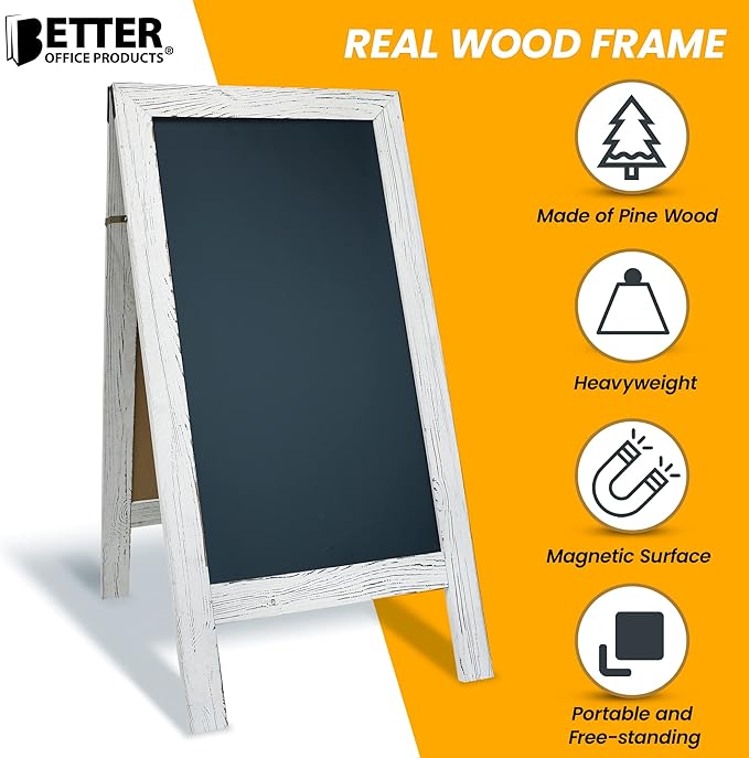 Better Office Products Magnetic A-Frame Chalkboard Sign, Extra Large 20" x 40", Standing Chalkboard Easel, Deluxe Set with Multiple Accessories, Outdoor Sidewalk Sandwich Board Sign,(Whitewash)