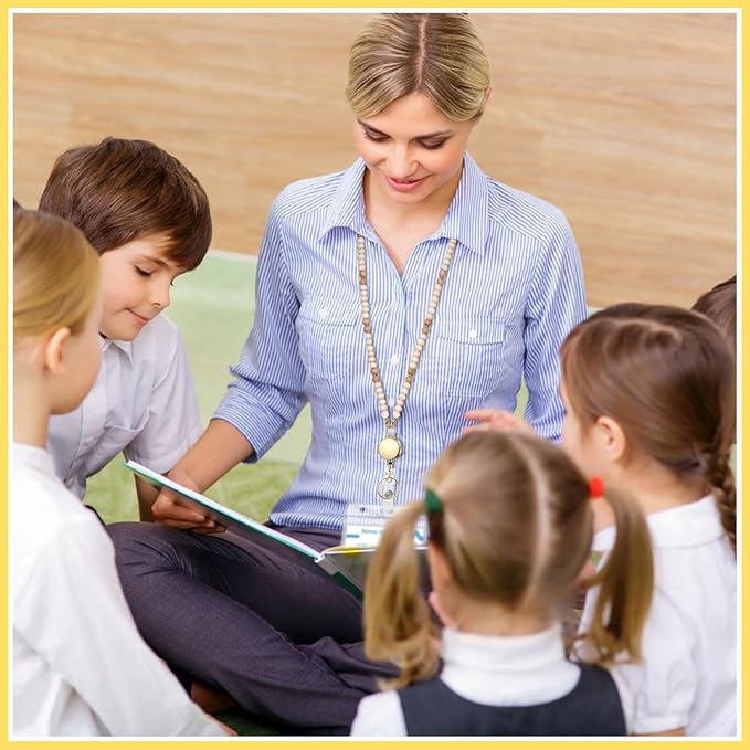 Teacher Lanyard with Id Holder, Cute Lanyards for Id Badges Keys, Retractable Natural Wooden Beaded Lanyard for Women, Stylish