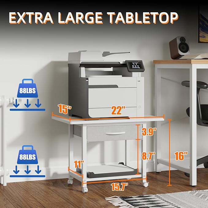 22"x15" Large Printer Stand with Storage Drawer, 2-Tier Under Desk Printer Table for Home Office, Printer Cart fit Fax Machine/3D Printer/Scanner(White)