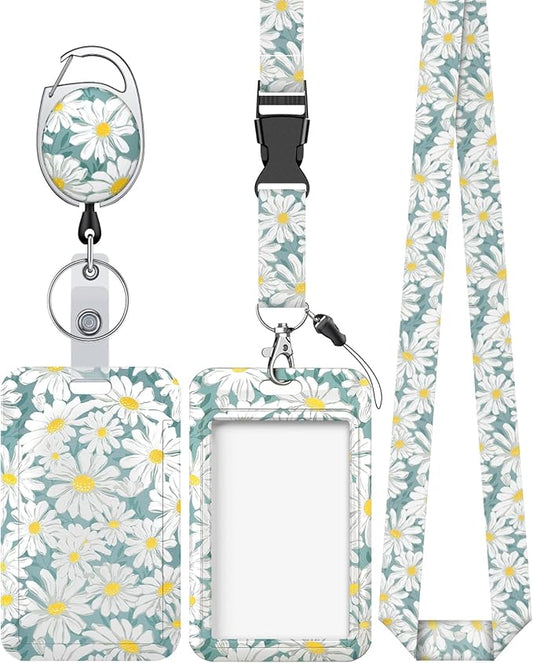 Uniclife Floral Sliding Badge Holder Daisy Flower Plastic Case with Retractable Badge Reel Carabiner Clip & Detachable Lanyard Strap Fashionable Vertical Card Protector for Women Nurse Teacher Student