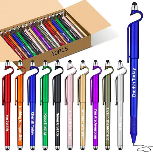 50 Pcs Inspirational Pens Batch, Motivational Ballpoint Pen with Writing Touch Screen And Mobile Phone Stand 3-in-1, Black Ink Office Encouraging Quotes, Office School Supplies Inspirational Gifts