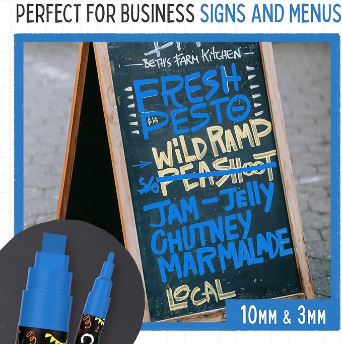 5 Blue Chalkboard Chalk Pens - Blue Dry Erase Markers for Blackboard, Chalkboard Signs, Windows, Glass | Variety Pack - Fine & Jumbo Size Ink Pen (1mm, 3mm, 6mm, 10mm, 15mm)