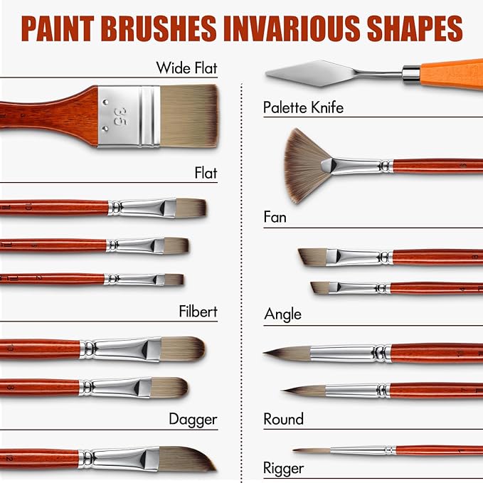 14pcs Acrylic Paint Brushes, Professional Synthetic Bristles Paint Brush Set with Extra Palette Knife - Flat, Filbert, Fan, Dagger, Round, Angle, Rigger Paint Brushes for Oil, Acrylic Canvas Paintings