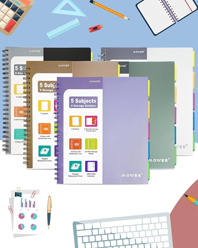 5 Subject Notebook - Spiral Notebook, College Ruled Notebook With Dividers Pocket, Tabs, 11" Ruler, 200 Pages, for Writing Journal, Home & Office, School Supplies, 8.5''x11'' Violet