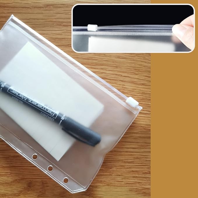 12PCS A6 Size Binder Pockets, Zipper Binder Pocket, 3-Pockets Storing Bag, Two Types, Clear 6-Hole Binder Zipper Folders, Waterproof PVC Zipper Loose Leaf Bags for Home Office School Supplies