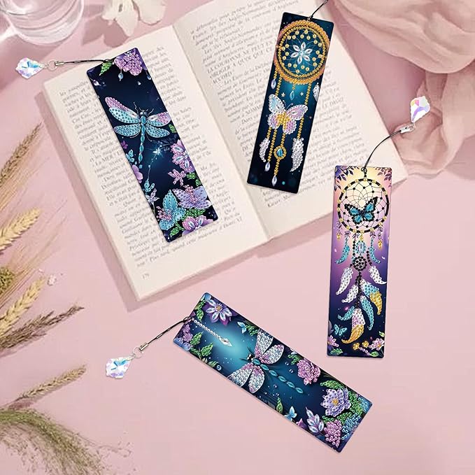 4 Pieces Dream Catcher Diamond Art Bookmarks Dragonfly Butterfly 5D Diamond Art Bookmark Tassel Beaded Book Mark for Graduation Birthday Reading Present DIY Making Beginners Adults Arts Craft Supplies