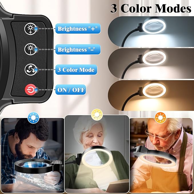 30X 10X Magnifying Glass with Light and Stand, 72 LED 3 Color Modes Stepless Dimmable, Hands Free Lighted Magnifier Desk Lamp for Close Work Craft Hobby Painting Sewing Jewelry Reading, Square