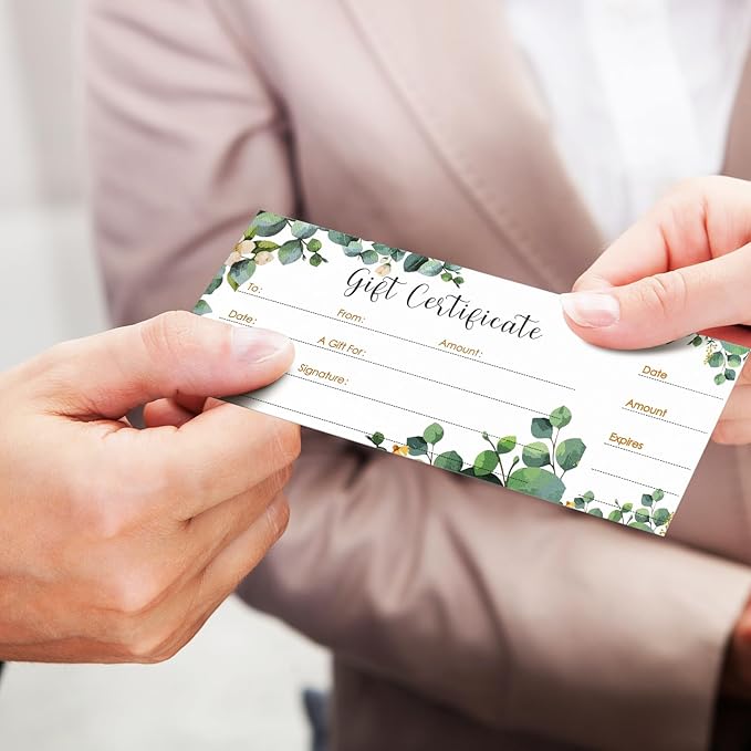 50 Sets Gift Certificate for Business with 50 Pcs Envelopes Blank Gift Certificate Cards with Name and Address Rustic for Beauty Salon Restaurants Birthday Client (Eucalyptus Leaves,4.72 x 2.36 Inch)