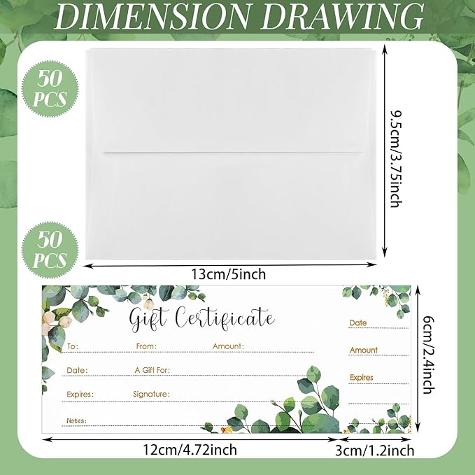 50 Sets Gift Certificate for Business with 50 Pcs Envelopes Blank Gift Certificate Cards with Name and Address Rustic for Beauty Salon Restaurants Birthday Client (Eucalyptus Leaves,4.72 x 2.36 Inch)