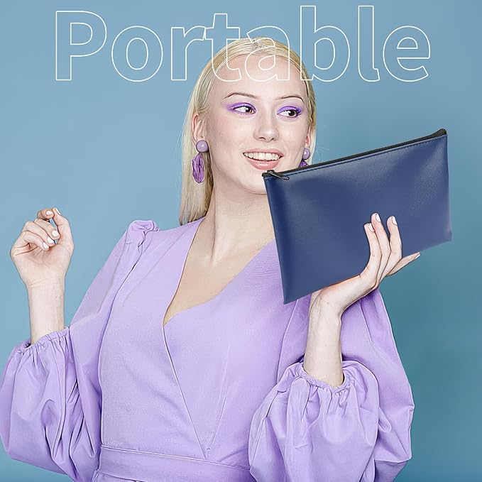 4 Pack Money Bags with Zipper, 11x6.1 Inch PU Leather Cash Pouch, Secure Bank Bag for Coins, Bills, Checks, Invoices, Cosmetics, Tools (Blue)