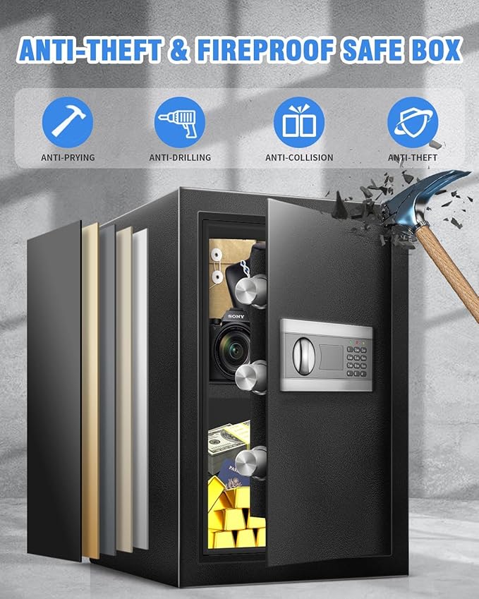 2.5 Cu Home Safe Box, Durable Digital Safe with Movable Partition, Smart Alarm, Silent Keypad Mode, and Motion Sensor Lights for Home, Office, Dorm, and Hotel Use