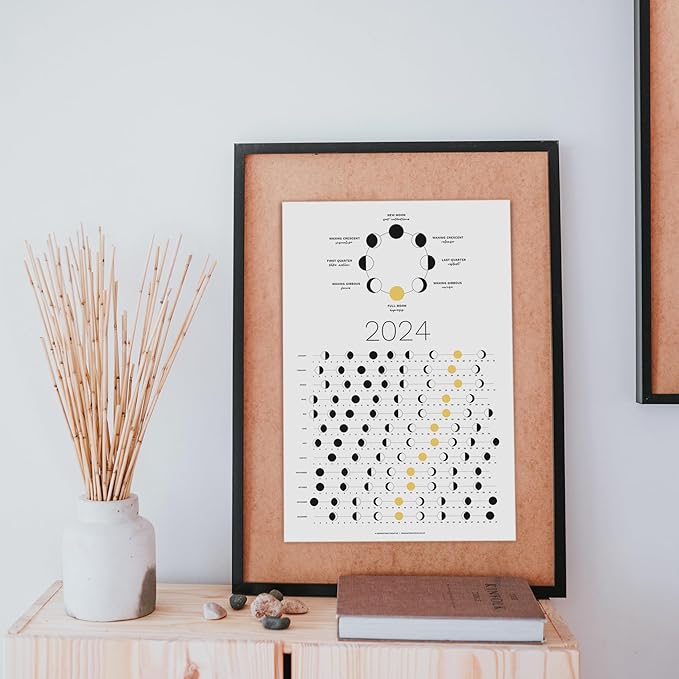 2024 Moon Phase Calendar (SHIPS FLAT) - Hangable Light Lunar Wall Poster - Great as a Unique Gift, Moon Tracking, Wall Décor & Art, Astrology Decorations - A Celestial Calendar - by Thankful Greetings