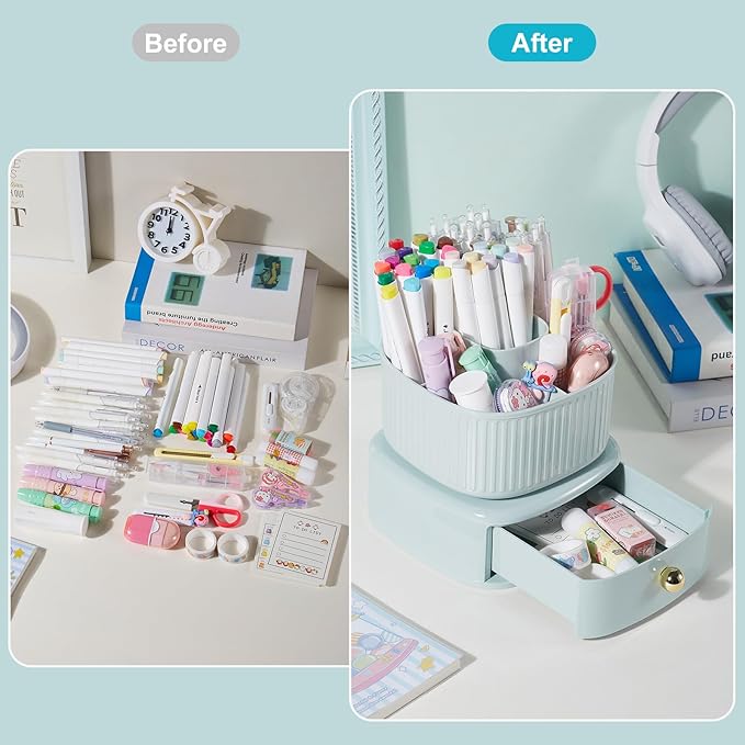 360 Degree Rotation Pencil Holder 5 Slots Pencil Holder with Drawer for Desk Makeup Brush Holder Desktop Organizer Storage Box Light Green