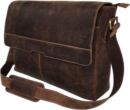 18 inch Vintage Leather Full Flap Messenger Handmade Bag Laptop Bag Satchel Bag Padded Messenger Bag Brown (messenger brown)