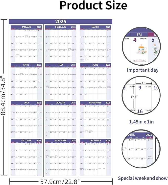 2025 Wall Calendar 34.8" x 22.8" Large Vertical Yearly Wall Hanging Calenda with Julian Date Thick Paper Calendar 12 Month Annual Wall Planner for Wall Office Fridge(Purple)