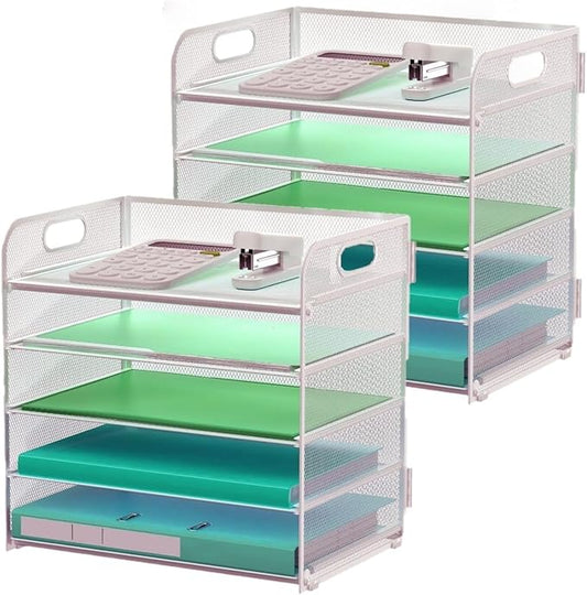 2 Pack Letter Tray Paper Organizer 5-Tier Desk Organizer File Organizer Paper Holder with Handle, Metal Desktop Document Shelf Tray Office Classroom Organization - Silver