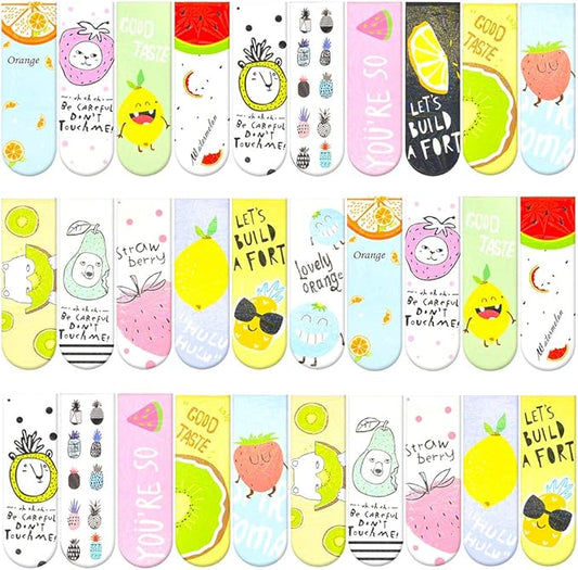 30 Pieces Cute Magnetic Bookmarks for Women/Men, Dual Sided Rainbow Film Laminated Book Markers for Girls, Funny Magnetic Bookmarks for Kids, Book Marks Bulk Page Clip Reading Giveaways (Fruit)