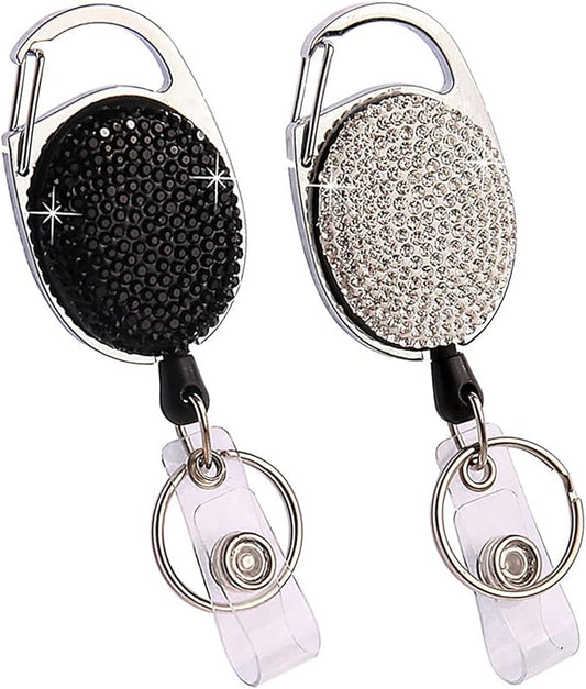 VIQWYIC 2 Pack Retractable ID Badge Holder with Clip, ID Name Badge Reels with Bling Rhinestones Retractable Card Holder for Office Worker Teacher Doctor Nurse(Black&Silver)