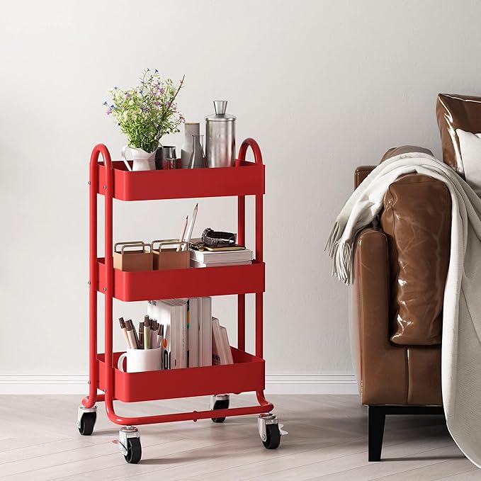 3-Tier Red Utility Rolling Cart,Kitchen Storage Carts with Wheels,Red Metal Rolling Cart for Office,Home,Kitchen,Garden（13.4"x18.1"x31"） Red