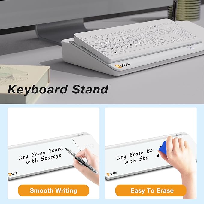 SELEAD Desktop Glass Whiteboard with Wireless Charger Station, Dry Erase Board Computer Pad Keyboard Stand with Organizer Drawer for Home, School, Office Desk Accessories, White