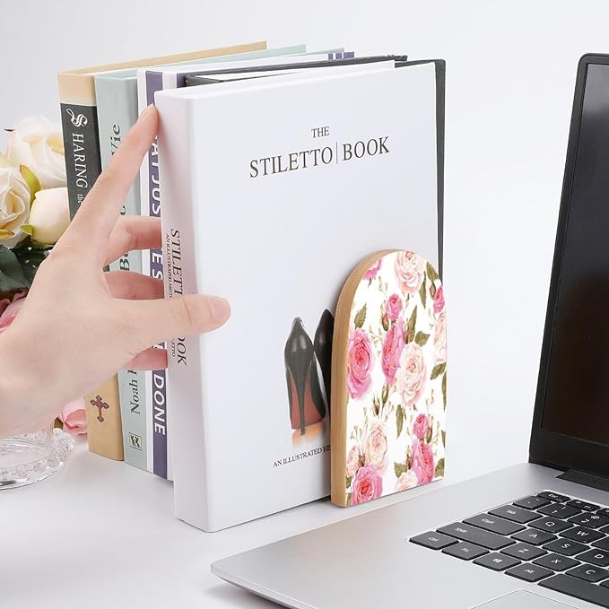2 Pack Wood Bookends, Pink Floral Flower Rose Non-Skid Book Ends for Heave Books, Decorative Bookends for Shelves Desk, Book Stoppers Book Holders for Home Office Library School
