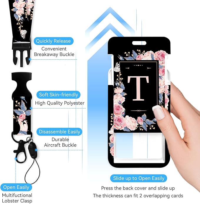 A-Z Badge Holder with Retractable Reel and Breakaway Lanyard Badge Clips Retractable Heavy Duty Badge Reel，Keychain，ID Holder with Breakaway Lanyard for School Nurse Office Teen T