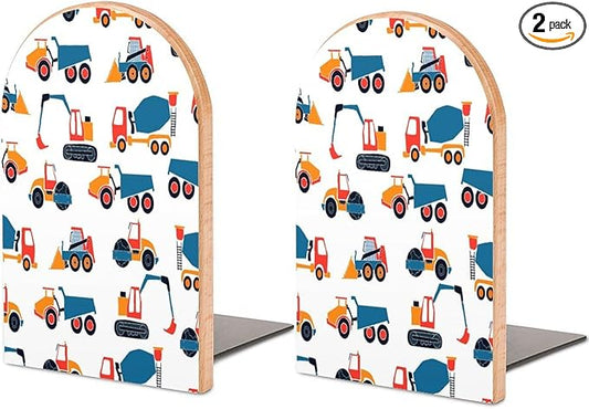 2 Pack Wood Bookends, Cars Excavators Pattern Non-Skid Book Ends for Heave Books, Decorative Bookends for Shelves Desk, Book Stoppers Book Holders for Home Office Library School