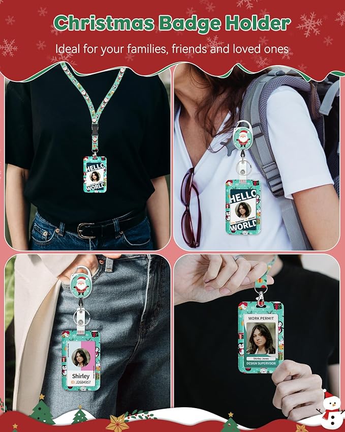 Uniclife Christmas Sliding Badge Holder Cartoon Santa Claus Hard ID Card Holder with Retractable Badge Reel Carabiner & Detachable Lanyard Strap Vertical Card Protector for Women Nurse Teacher Student