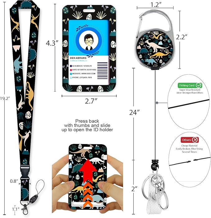 Cute Dinosaur Lanyards for Id Badges, Retractable ID Badge Holder with Detachable Lanyard, Fashionable Badge Reel Heavy Duty with 360 Degrees Rotate Carabiner Clip, Nurse Teacher Office Gifts