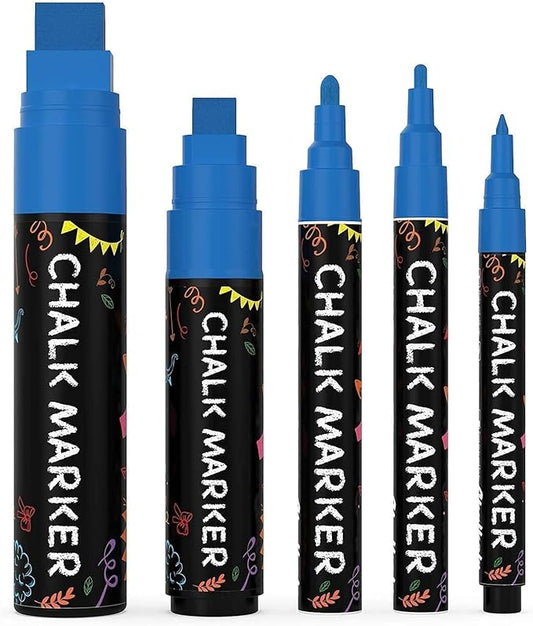 5 Blue Chalkboard Chalk Pens - Blue Dry Erase Markers for Blackboard, Chalkboard Signs, Windows, Glass | Variety Pack - Fine & Jumbo Size Ink Pen (1mm, 3mm, 6mm, 10mm, 15mm)