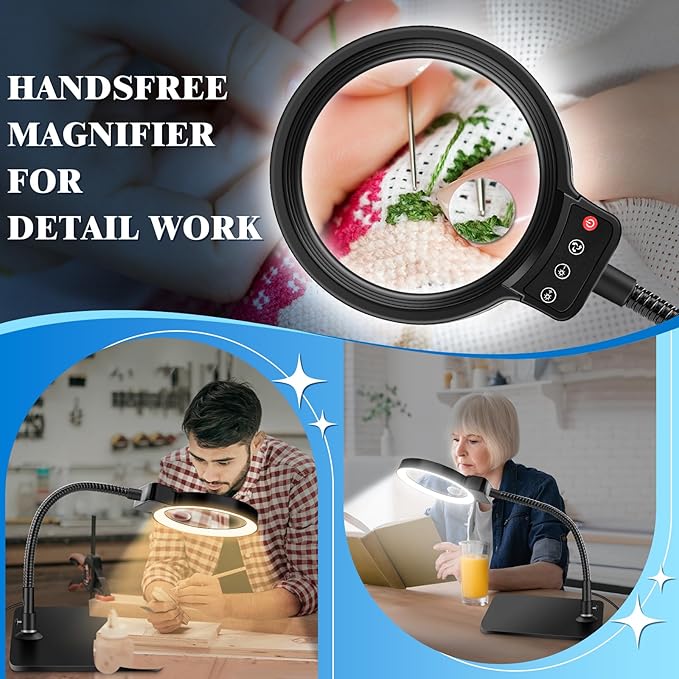 30X 10X Magnifying Glass with Light and Stand, 72 LED 3 Color Modes Stepless Dimmable, Hands Free Lighted Magnifier Desk Lamp for Close Work Craft Hobby Painting Sewing Jewelry Reading, Square