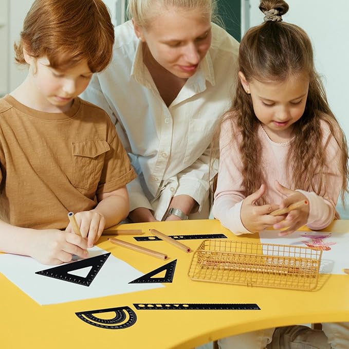 5 Pcs Metal Geometry Set, Math Drafting Ruler Kit- Aluminum Triangle Rulers, Protractor, 8 Inch and 6 Inch Drawing Ruler, Measuring Tool for School and Office (Metric and Imperial, Black)