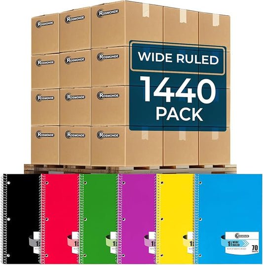 1440 Packs (Pallet) 1 Subject Notebooks, Spiral Notebook Bulk, Wide Ruled, Pallet of Notebooks, 70 Sheets (140 pages), 8 x 10-1/2",Bulk Spiral Notebooks for School & Office, 4-7 Days Transit