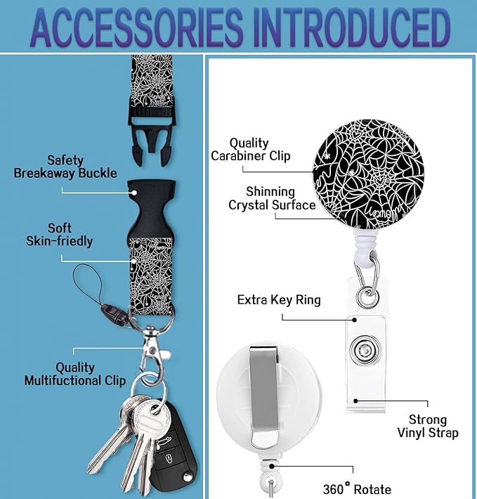 ID Badge Holder with Retractable Lanyard and Keychain, Badge Reel with Rotate Carabiner Clip,Spider Web Card Name Tag Lanyard ID Protector Bage Clips for Student, Women, Office