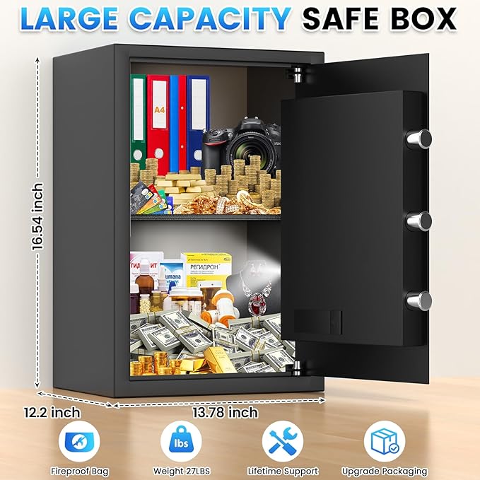 2.6 Cuft Fire Proof Safe for Home Documents, Home Safes Fireproof Waterproof, Fireproof Safe Box with LCD Digital Keypad, Alarm System, Hidden Code, Safety Box For Money Medicine Jewelry