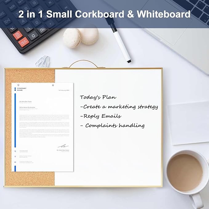 Small Cork Board Whiteboard Combo - 12" X 16" Portable Aluminum Gold Framed Magnetic Dry Erase Board for Wall, Mini Bulletin CorkBoard with a Handle for Office, Home and School